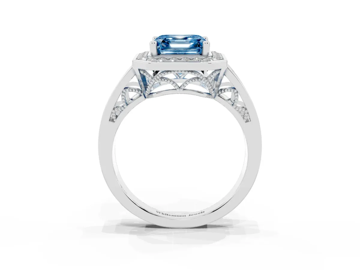 Fancy Blue Asscher Cut Diamond Halo Ring with Split Shank and Bezel Accents and Prong Setting Silver