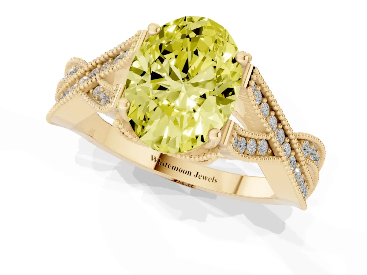 Fancy Yellow Oval Cut Cut Diamond Twisted Band with Milgrain Pave Setting and Four-Prong Setting Yellow gold
