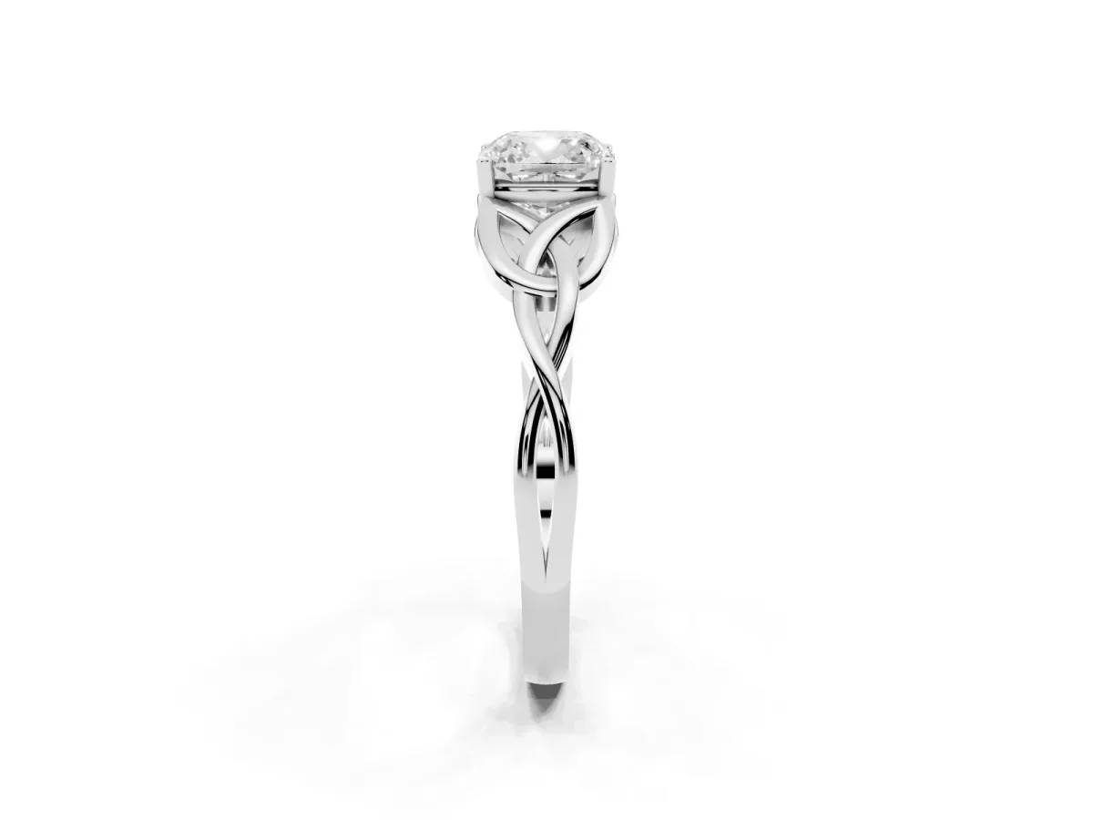 Cushion Cut Diamond Solitaire Engagement Ring with Celtic Knot Band and Four-Prong Setting Platinum