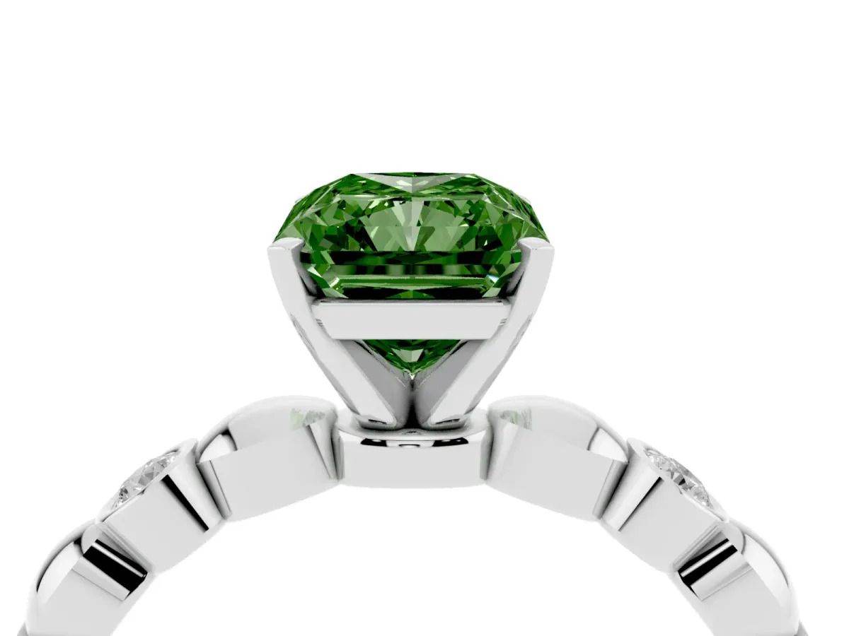 Fancy Green Radiant Cut Solitaire Bezel-Set Diamond Ring with Beaded Band and Four-Prong Setting Silver