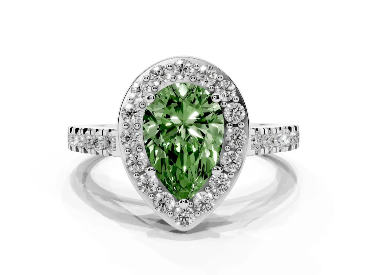 Fancy Green Pear Cut Diamond Halo Ring with Round Pavé Split Shank and Prong Setting Silver
