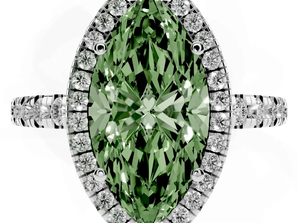Fancy Green Marquise Cut Diamond Halo Ring with Pavé Band and Four-Prong Setting White gold