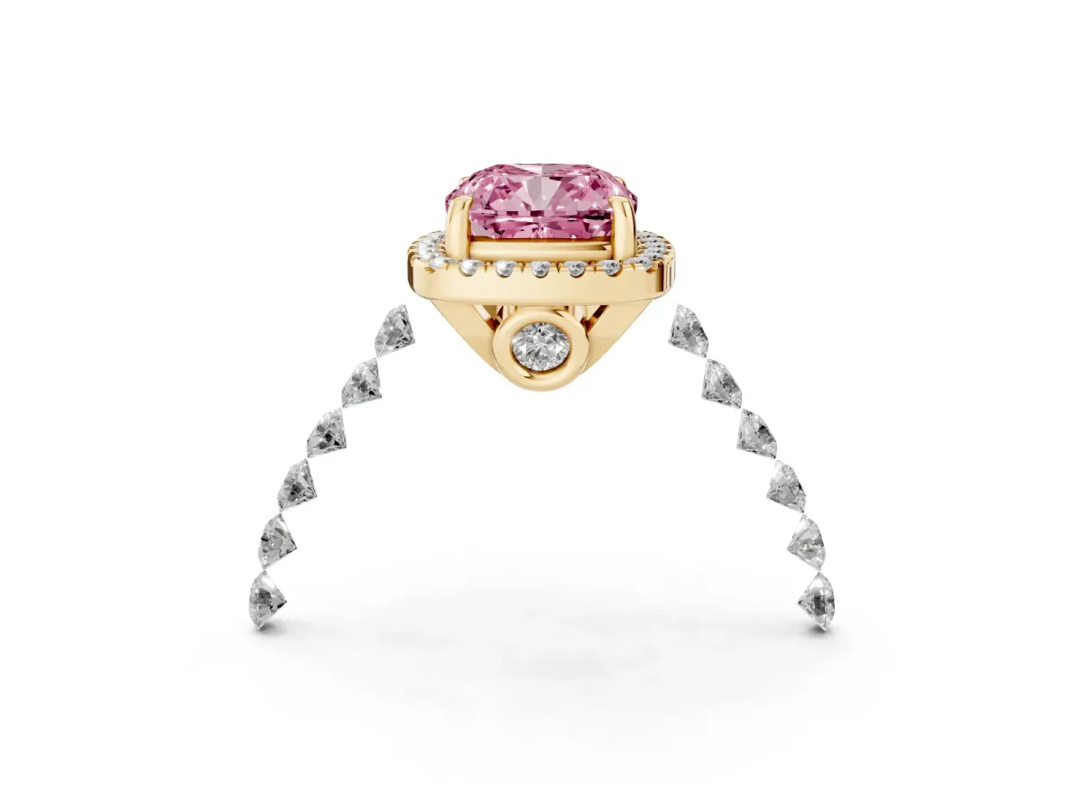 Fancy Pink Cushion Cut Halo Pavé Diamond Engagement Ring with Four-Prong Setting Yellow gold