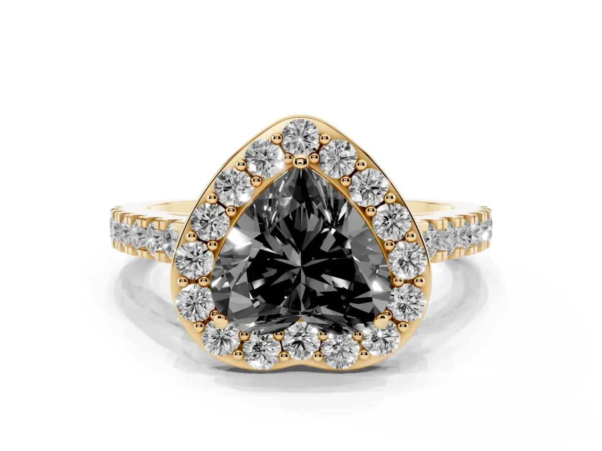 Fancy Black Heart Cut Diamond Halo Ring with Round Pavé Split Shank and Prong Setting Yellow gold