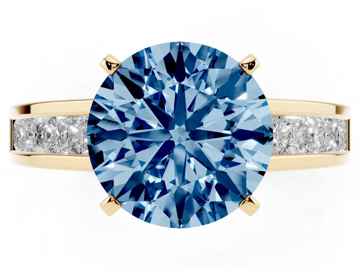 Fancy Blue Round Cut Solitaire Diamond Ring with Channel-Set Band and Four-Prong Setting Yellow gold