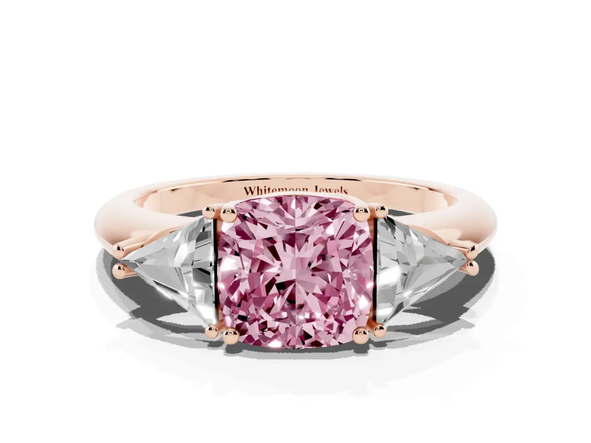 Fancy Pink Three-Stone Cushion Cut Diamond Engagement Ring with Trillion Side Stones and Prong Setting Rose gold