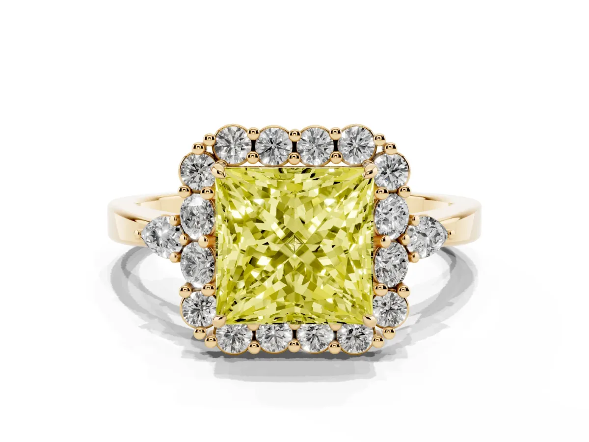 Fancy Yellow Princess Cut Diamond Halo Ring with Pear Side Stones and Prong Setting Yellow gold