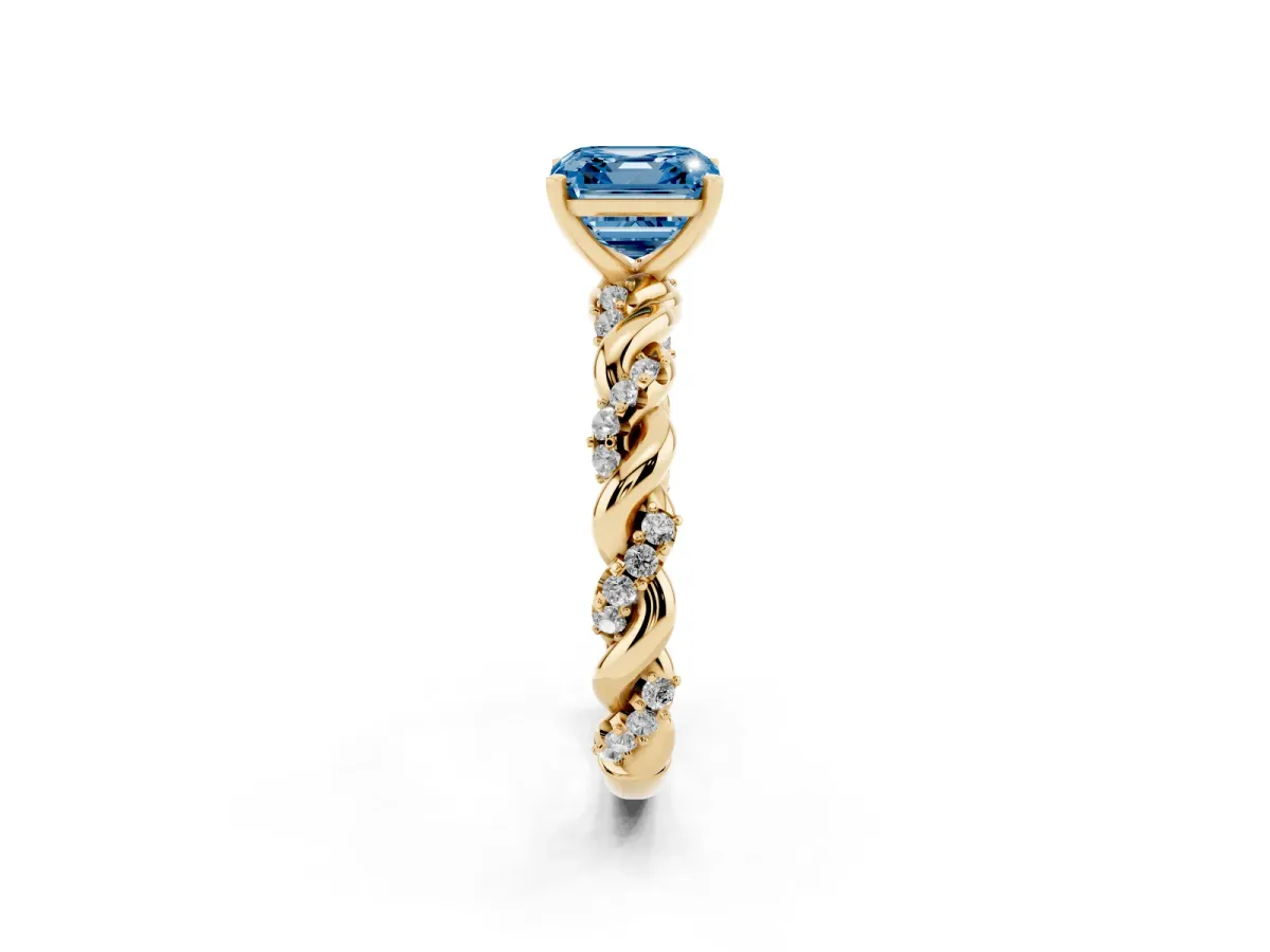 Fancy Blue Asscher Cut Diamond Solitaire Ring with Twisted Band and Pavé Accents Yellow gold