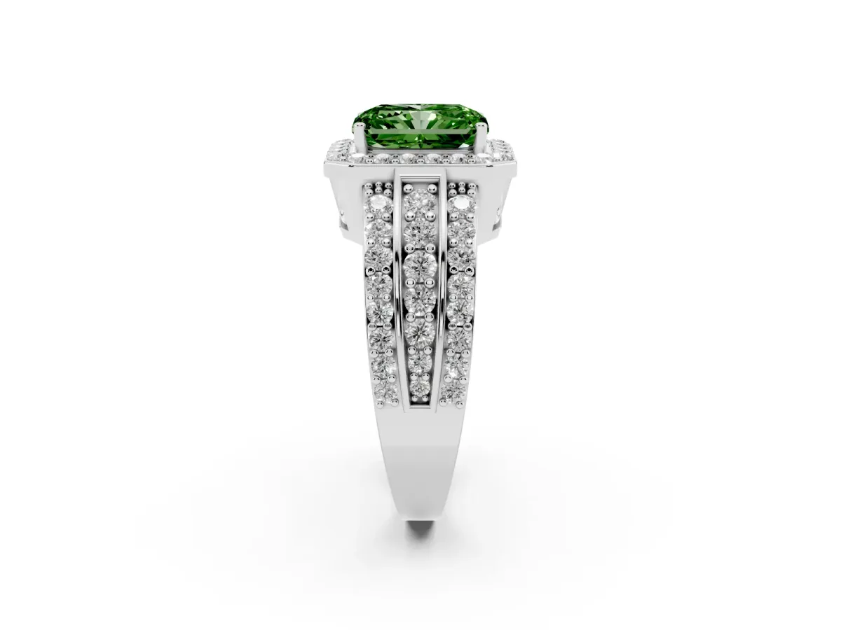 Fancy Green Radiant Cut Halo Diamond Ring with Round Split Shank and Prong Setting Platinum