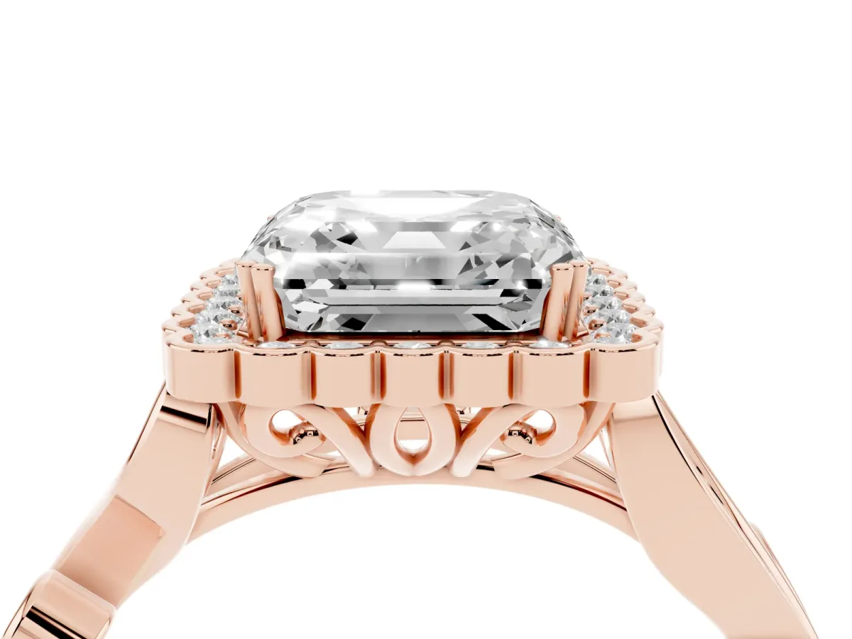 Asscher Cut Diamond Halo Ring with Vintage Split Shank and Four-Prong Setting Rose gold
