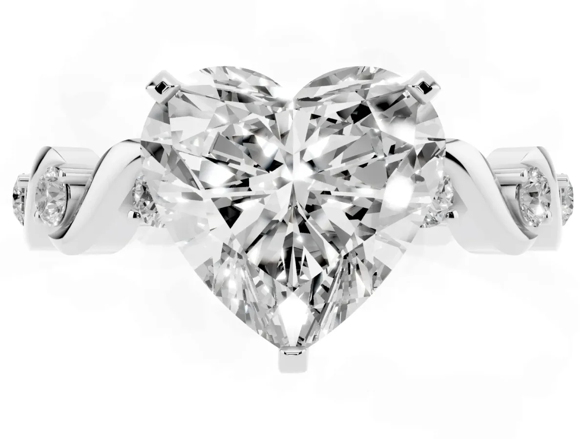 Heart Cut Diamond Solitaire Twisted Band with Round Accents and Prong Setting Silver