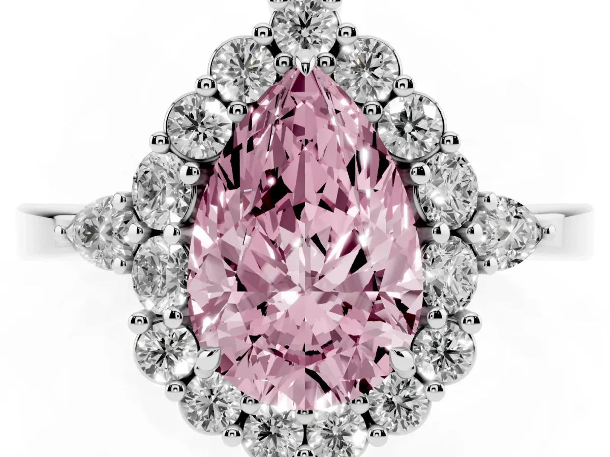 Fancy Pink Pear Cut Diamond Halo Ring with Pear Side Stones and Prong Setting Silver