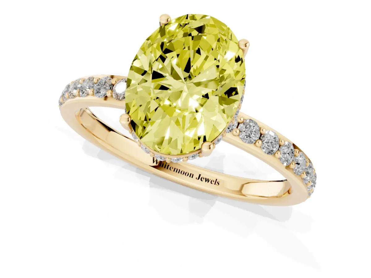 Fancy Yellow Oval Cut Diamond Solitaire Ring with Pavé Band and Hidden Halo Yellow gold