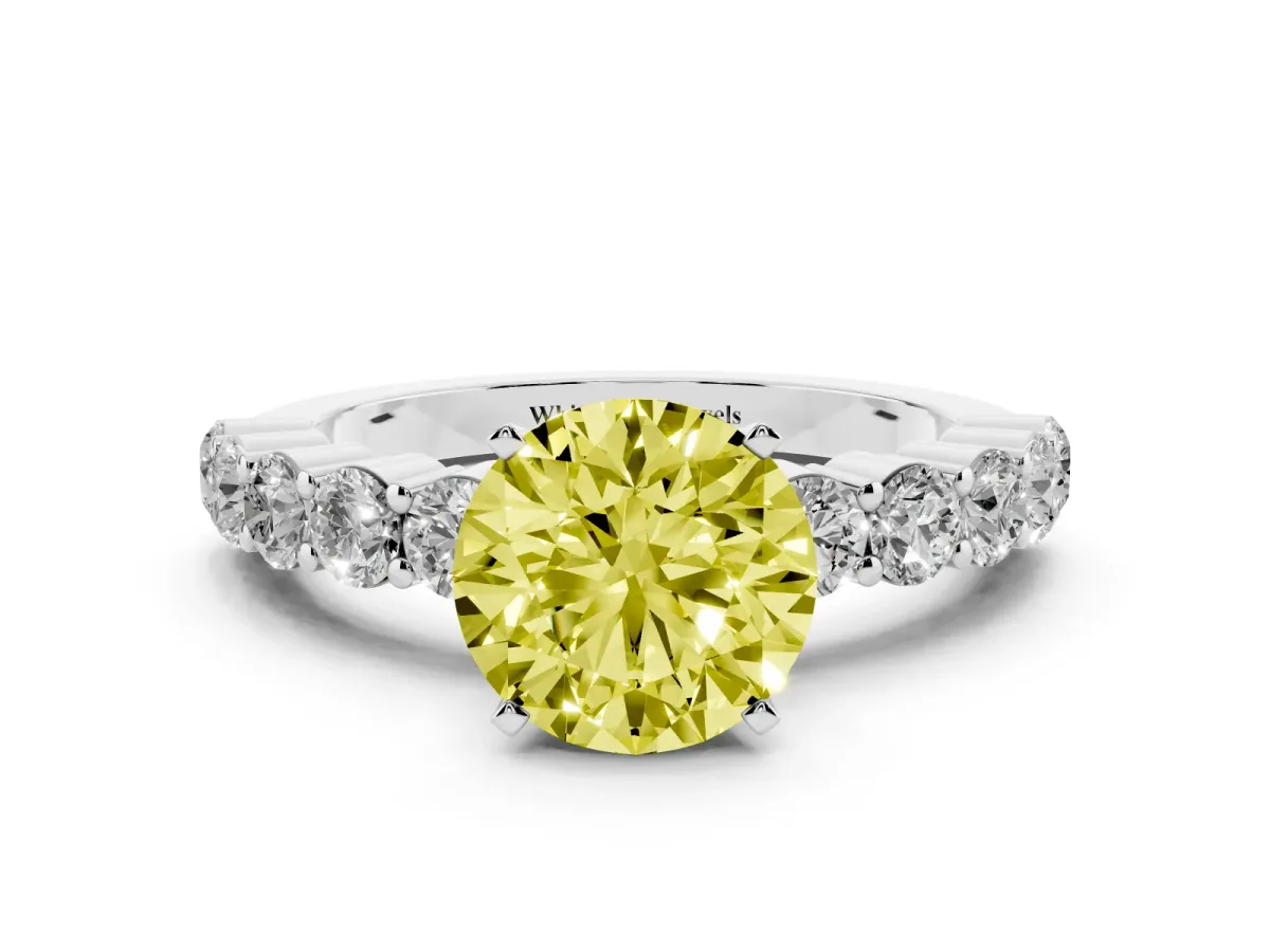 Fancy Yellow Round Cut Diamond Solitaire Ring with Shared Prong Round Side Stones Silver
