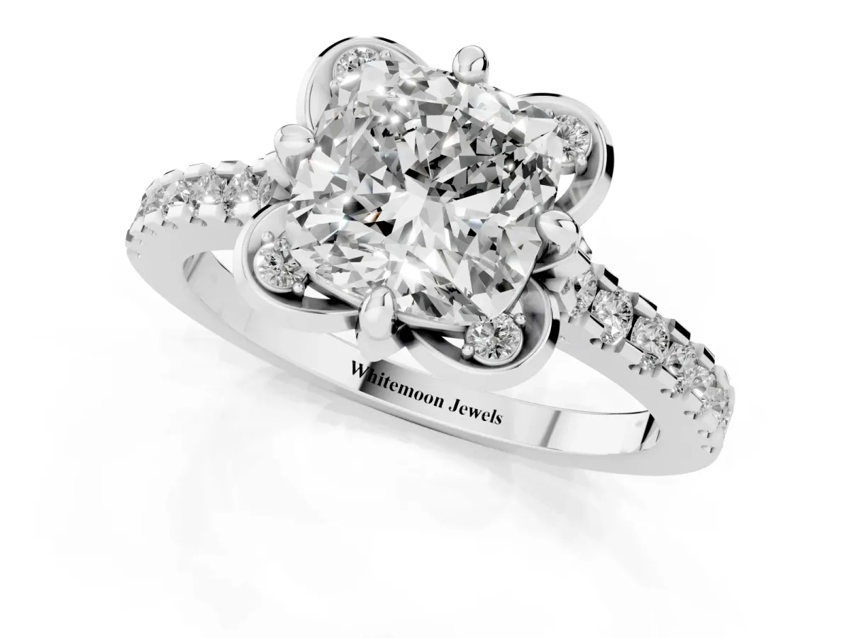 Cushion Cut Diamond Ring with Pavé Band and Floral Prong Setting White gold