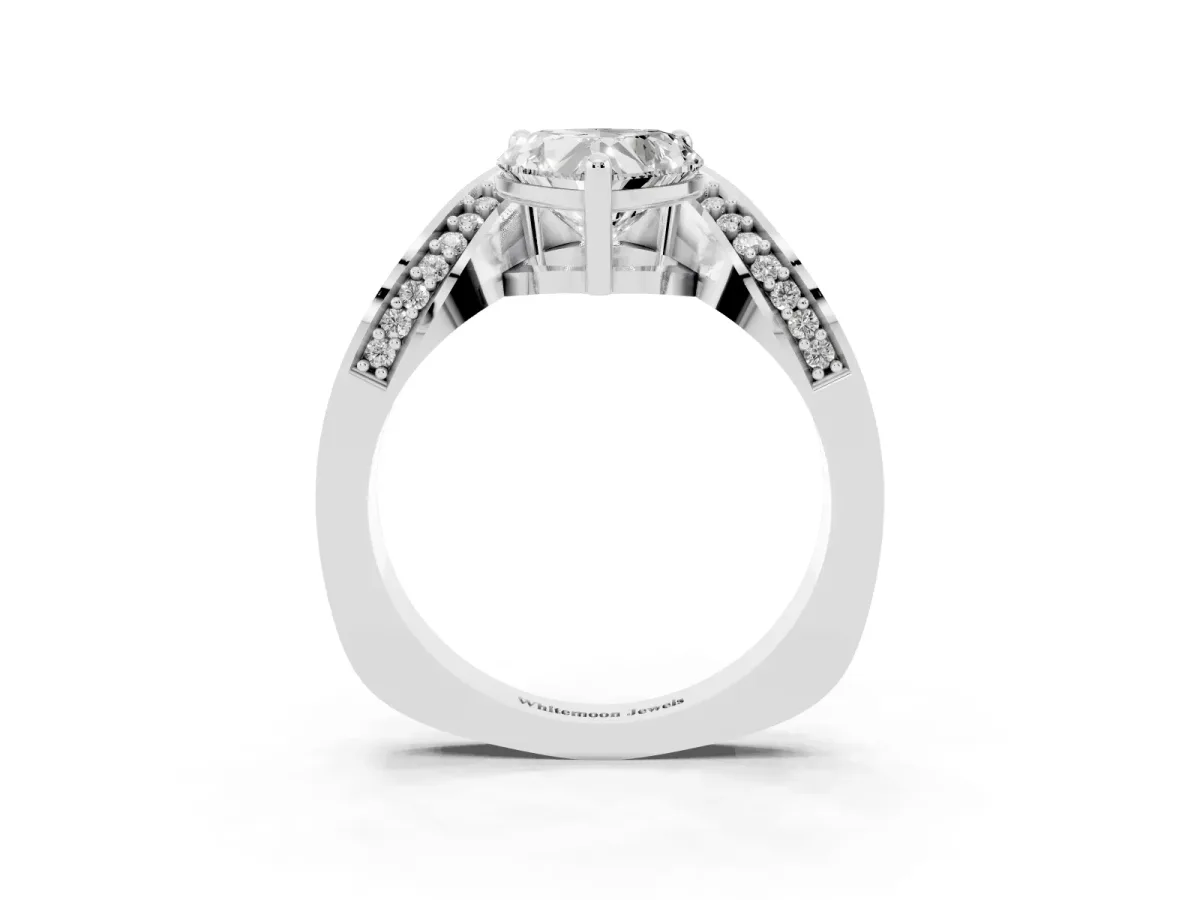 Heart Cut Solitaire Diamond Engagement Ring with Pave Band and Four-Prong Setting Silver