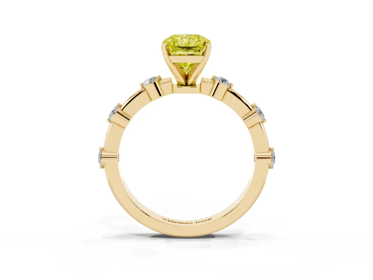 Fancy Yellow Radiant Cut Solitaire Diamond Ring with Bezel Set Side Stones and Prong Setting Yellow gold