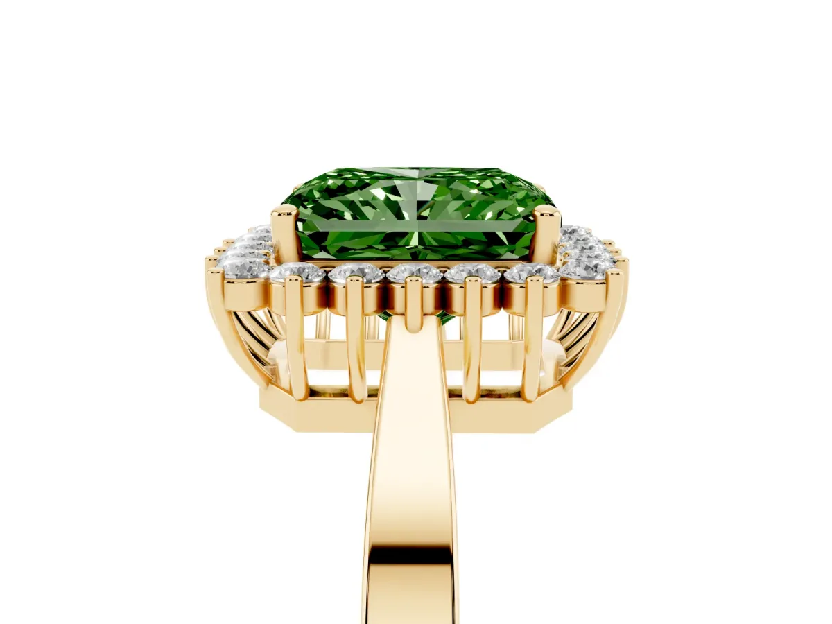 Fancy Green Radiant Cut Cut Diamond Halo Ring with Round Brilliant Halo and Solitaire Band Yellow gold