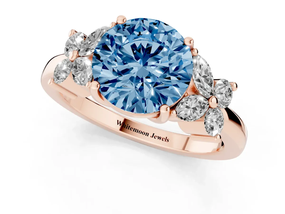 Fancy Blue Round Cut Diamond Floral Cluster Ring with Solitaire Band and Prong Setting Rose gold