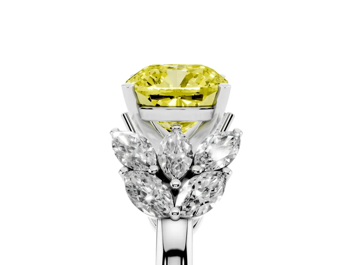 Fancy Yellow Cushion Cut Diamond Cluster Leaf Design Ring with Prong Setting Silver