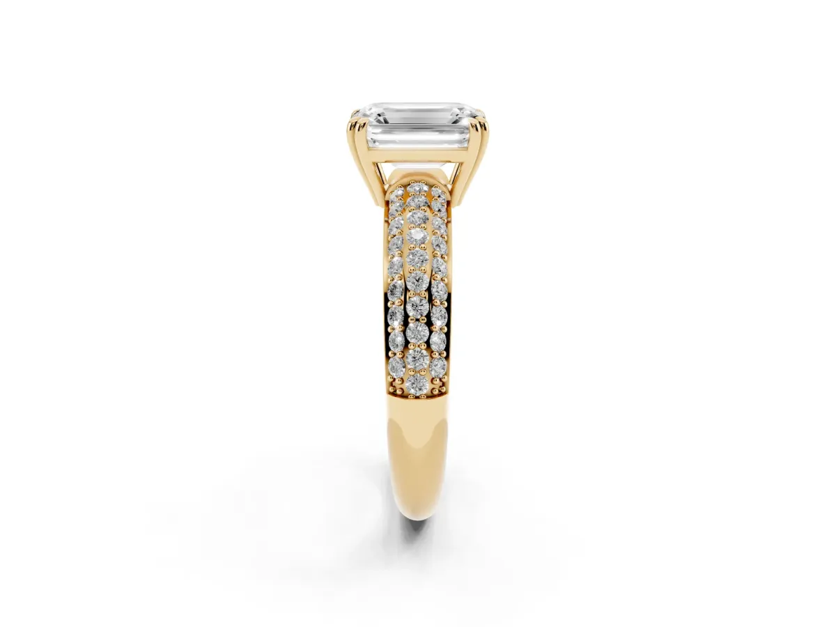 Emerald Cut Diamond Solitaire Ring with Multi-Row Round Pavé Band and Prong Setting Yellow gold