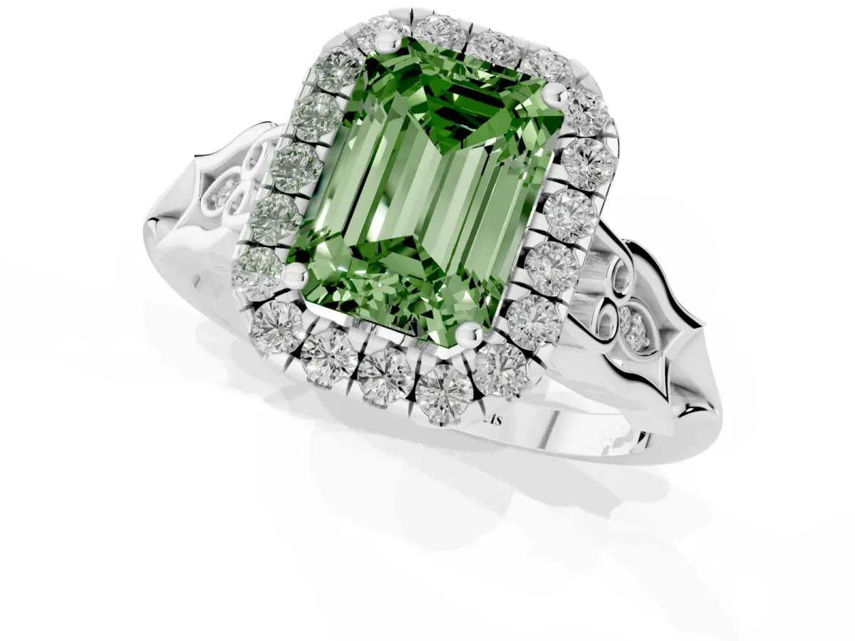 Fancy Green Emerald Cut Halo Diamond Engagement Ring with Filigree Band and Four-Prong Setting Platinum