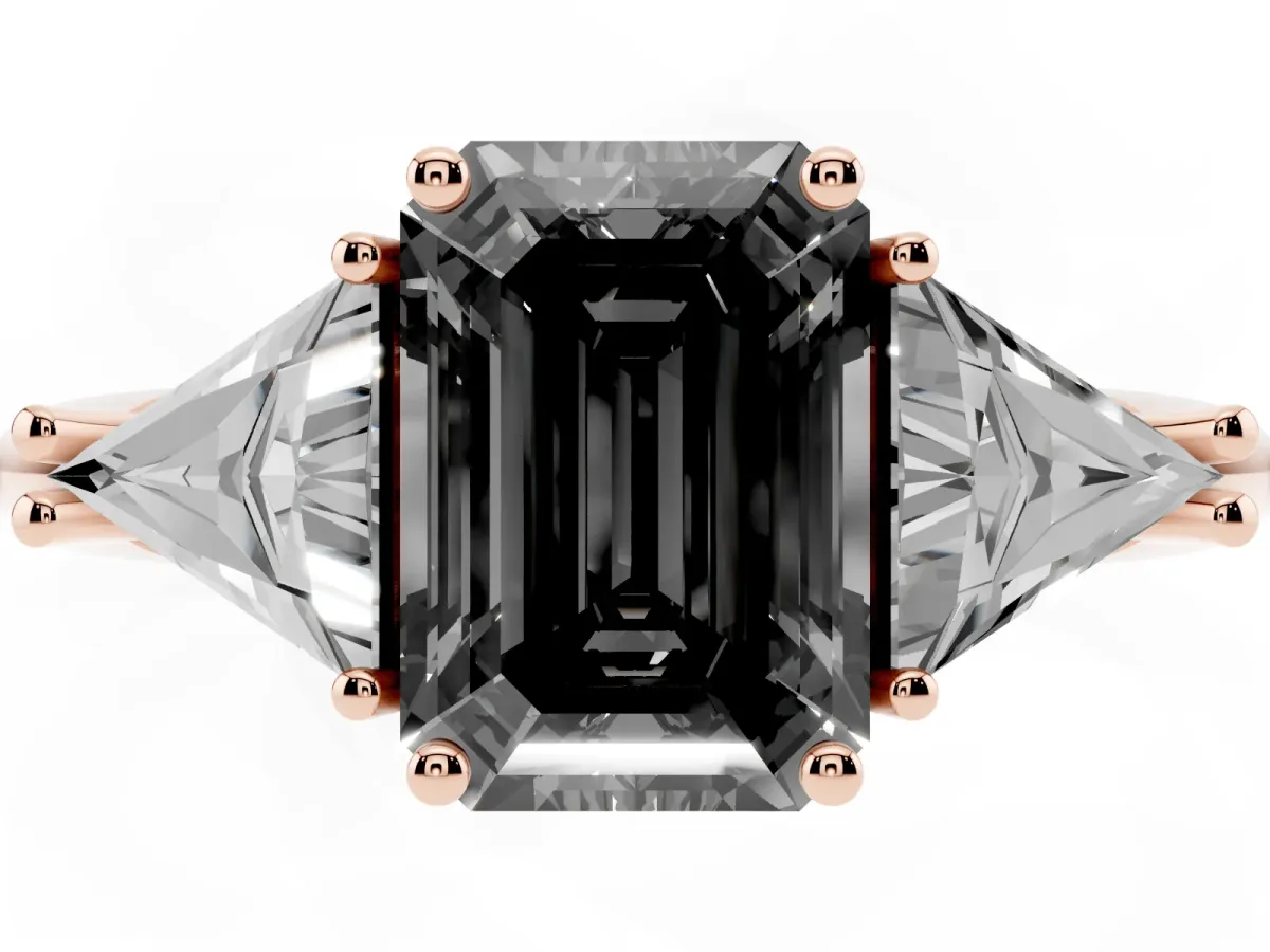 Fancy Black Three-Stone Emerald Cut Diamond Engagement Ring with Trillion Side Stones and Prong Setting Rose gold