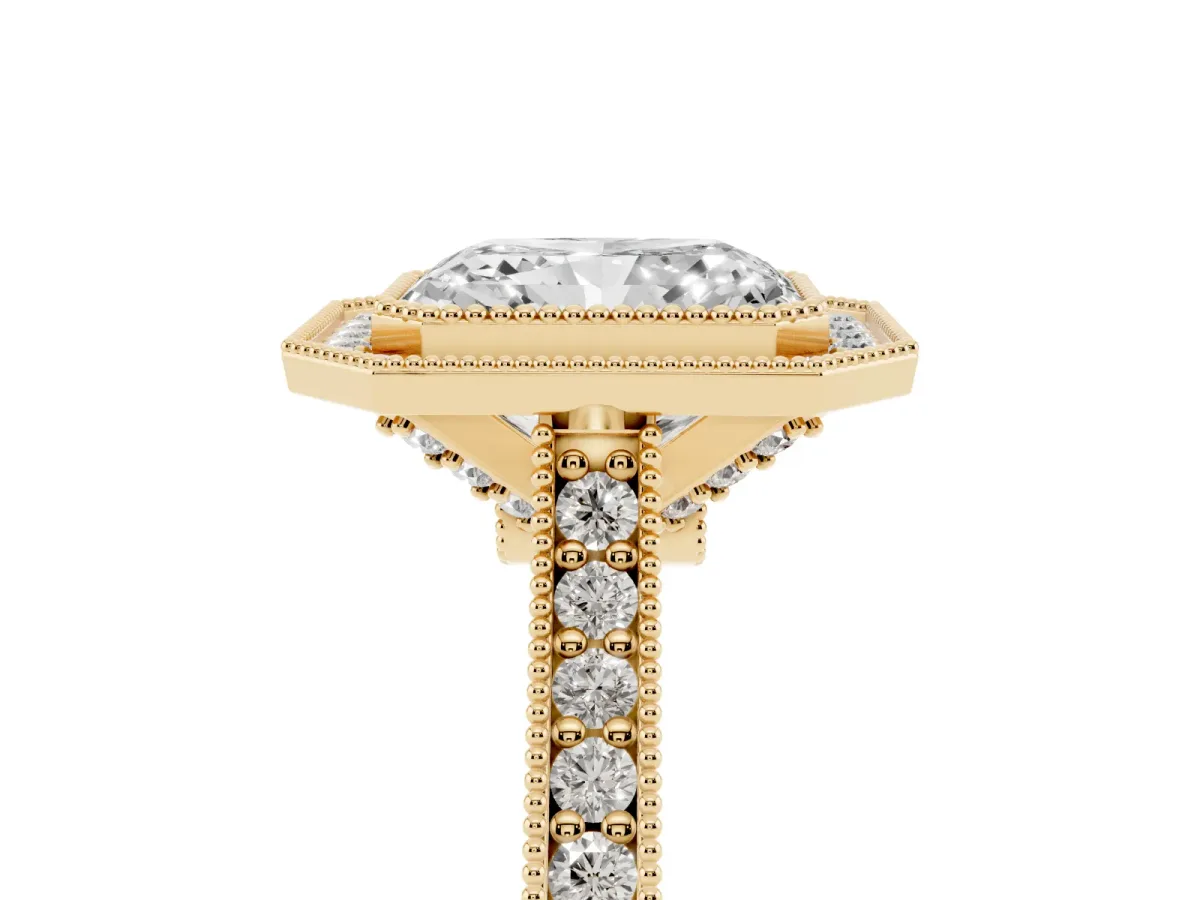 Halo Radiant Cut-Cut Diamond Pave Band Milgrain Prong Setting Ring Yellow gold