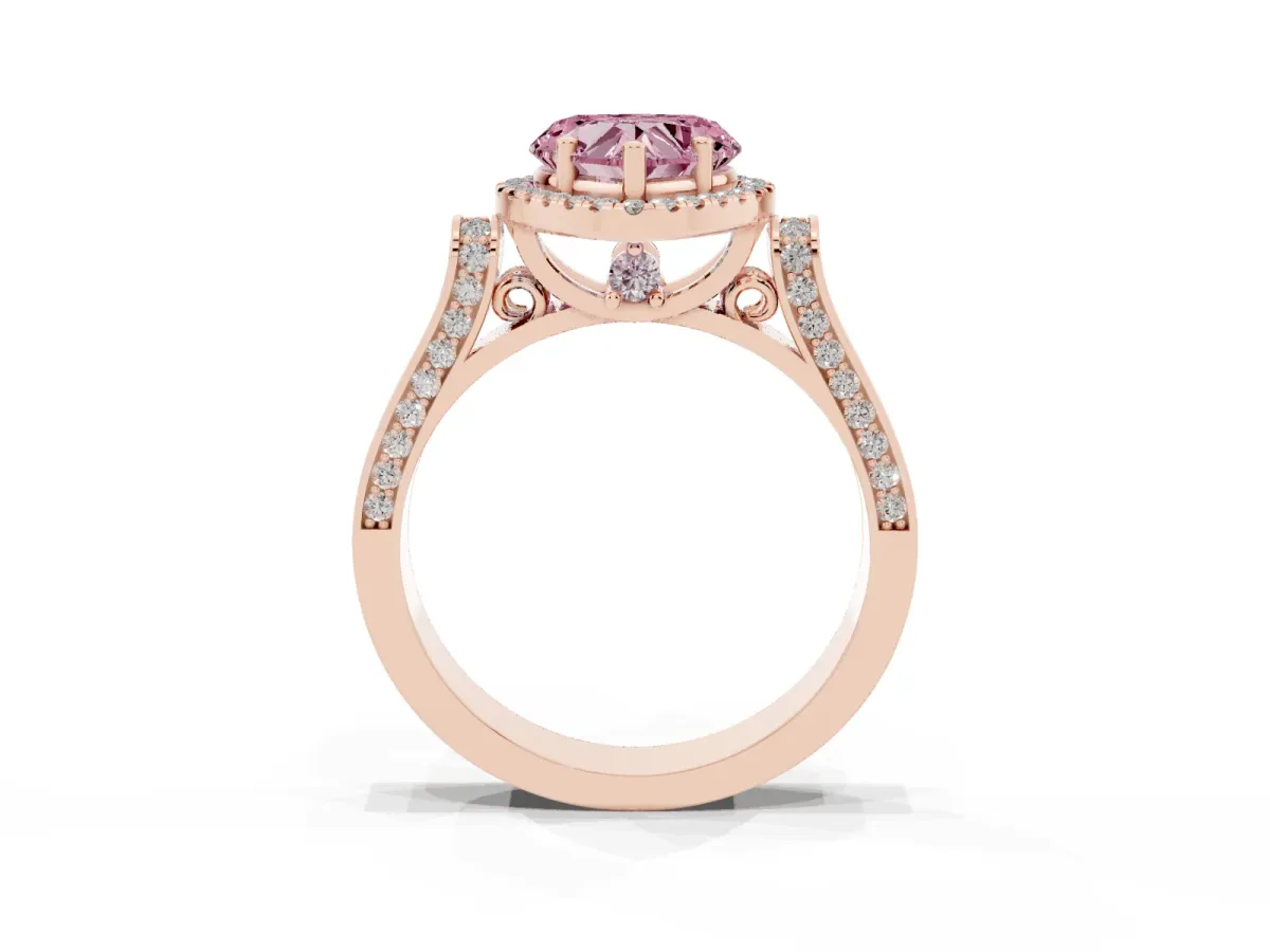 Fancy Pink Heart Cut Halo Round Diamond Twist Band with Four-Prong Setting Rose gold