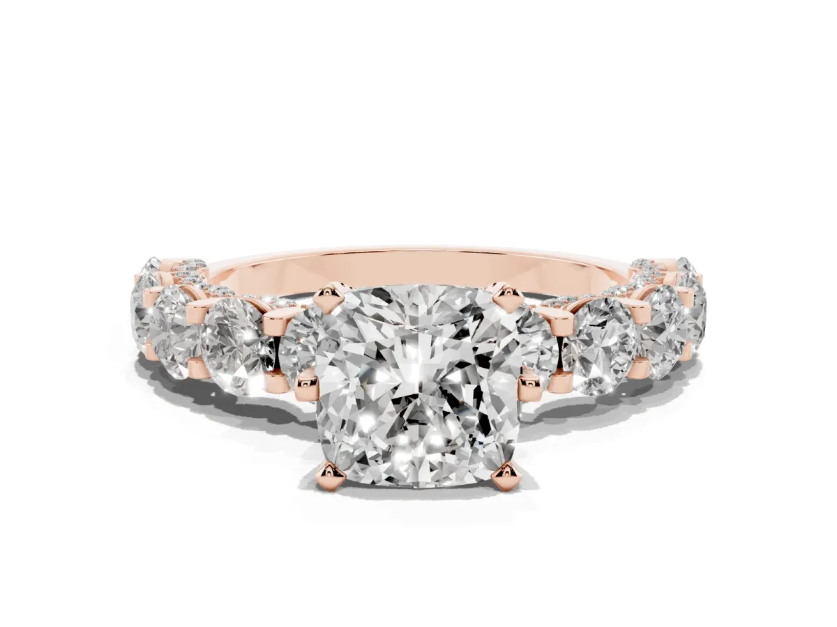 Cushion Cut Diamond Side Stone Engagement Ring with Four-Prong Setting Rose gold