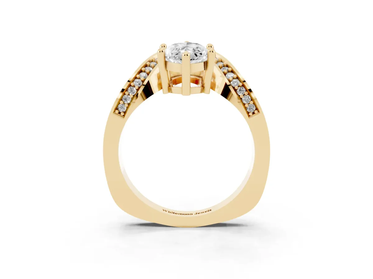 Marquise Cut Solitaire Diamond Engagement Ring with Pave Band and Four-Prong Setting Yellow gold