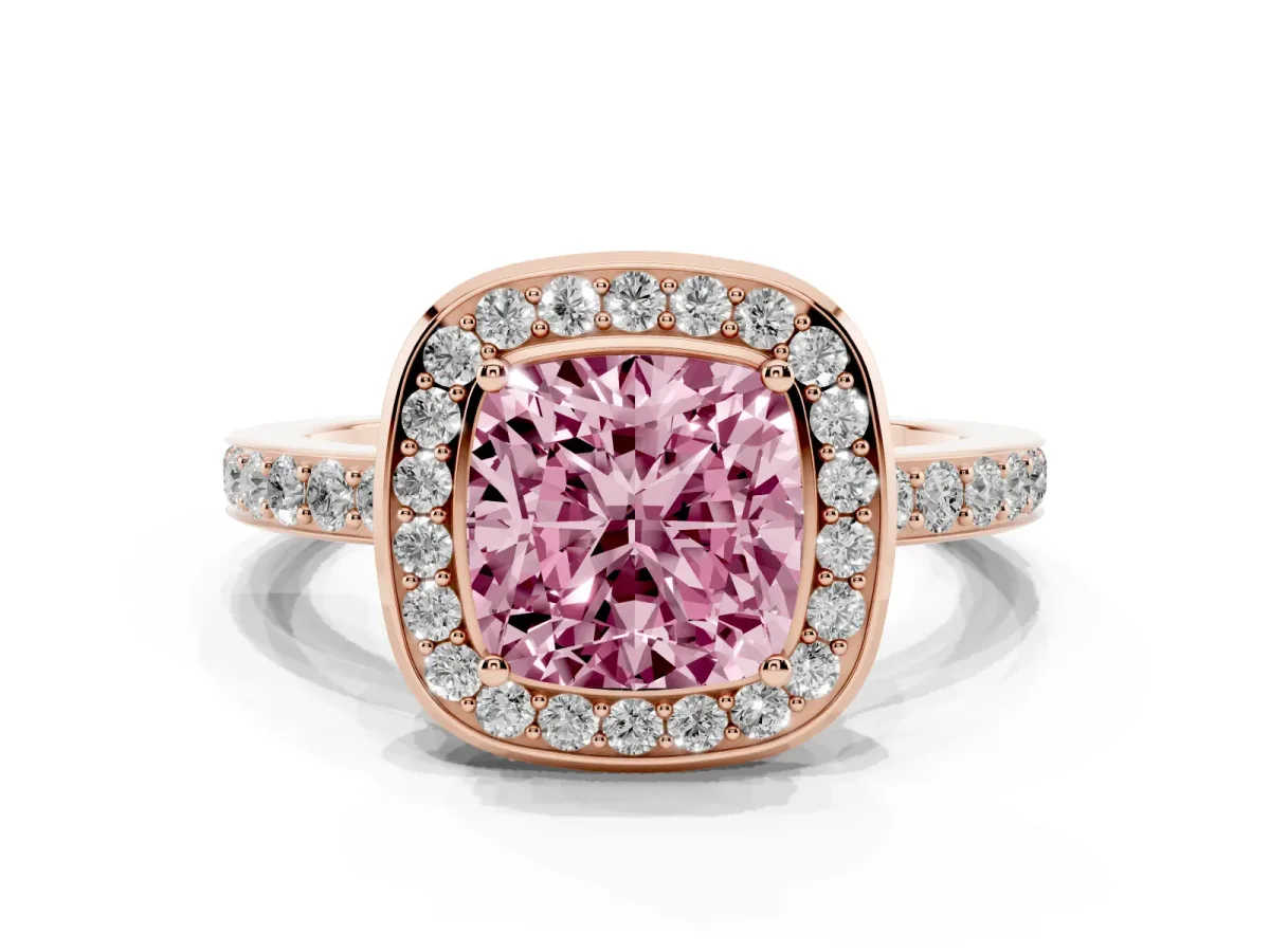 Fancy Pink Cushion Cut Diamond Halo Ring with Bezel Frame and Pavé Band Rose gold
