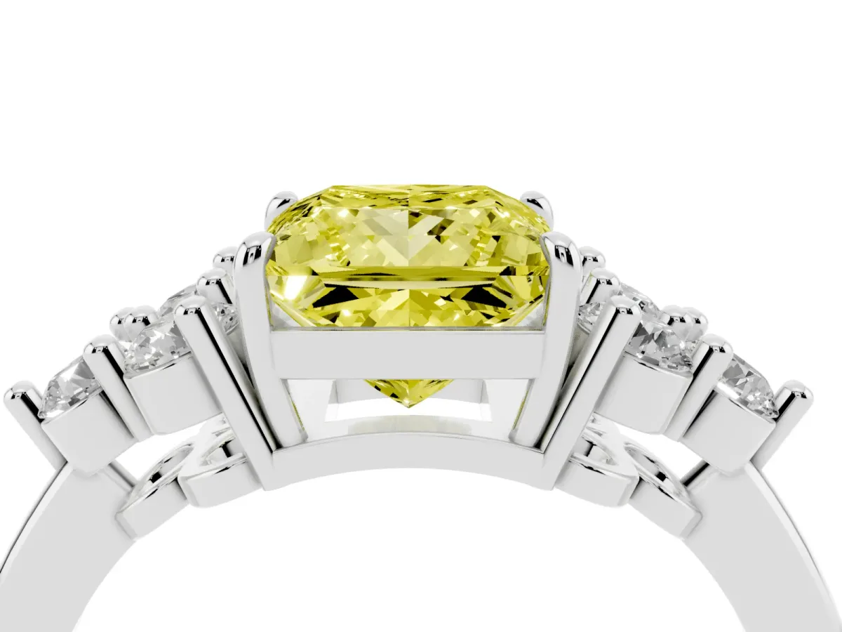Fancy Yellow Princess Cut Brilliant Diamond Cluster Accent Solitaire Ring with Prong Setting Silver