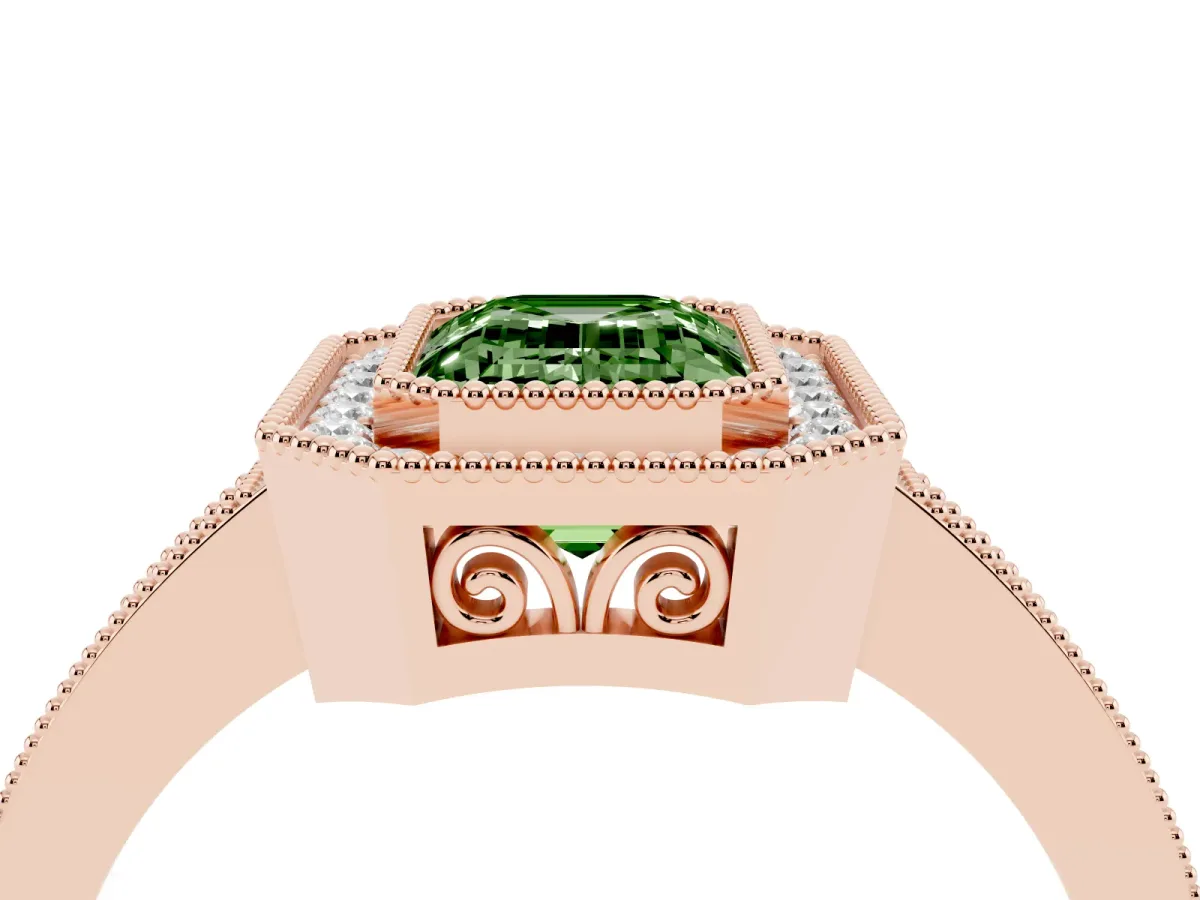 Fancy Green Emerald Cut Cut Halo Diamond Ring with Pavé Band and Milgrain Prong Setting Rose gold