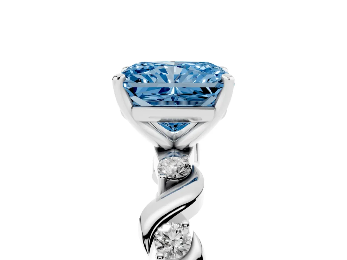 Fancy Blue Radiant Cut Diamond Solitaire Twisted Band with Round Accents and Prong Setting Silver