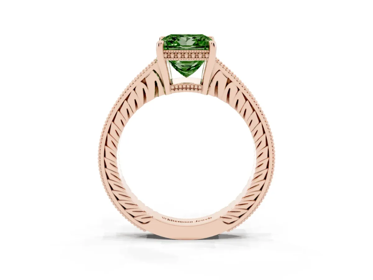 Fancy Green Princess Cut Solitaire Pavé Diamond Milgrain Engagement Ring with Four-Prong Setting Rose gold