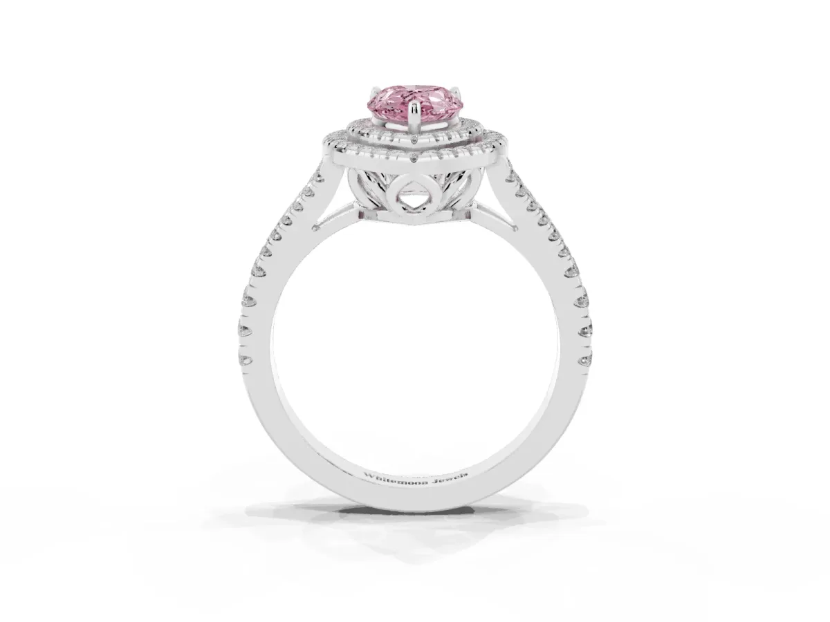 Fancy Pink Pear Cut Diamond Double Halo Ring with Pavé Band and Prong Setting Platinum