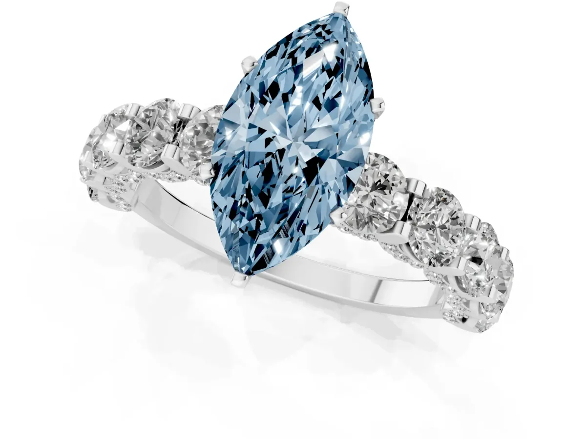 Fancy Blue Marquise Cut Diamond Side Stone Engagement Ring with Four-Prong Setting Silver
