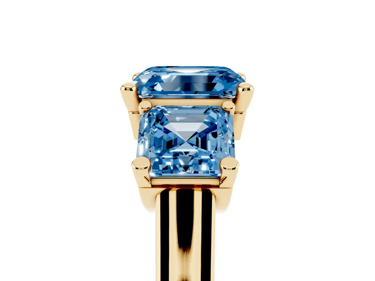 Fancy Blue Three-Stone Asscher Cut Brilliant Diamond Trellis Ring with Comfort Fit Band Yellow gold