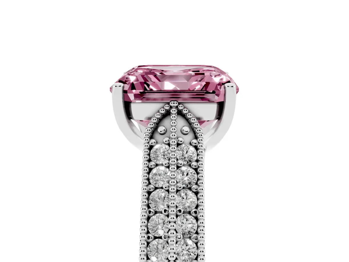 Fancy Pink Asscher Cut Cut Pave Split Shank Engagement Ring with Four-Prong Setting Platinum