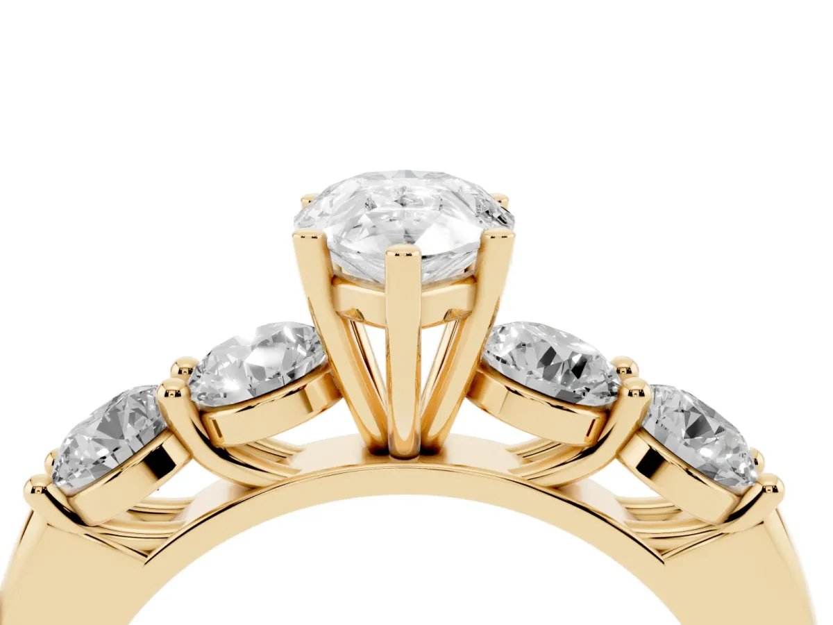 Pear Cut Cut Five-Stone Prong Set Diamond Ring with Classic Band Yellow gold