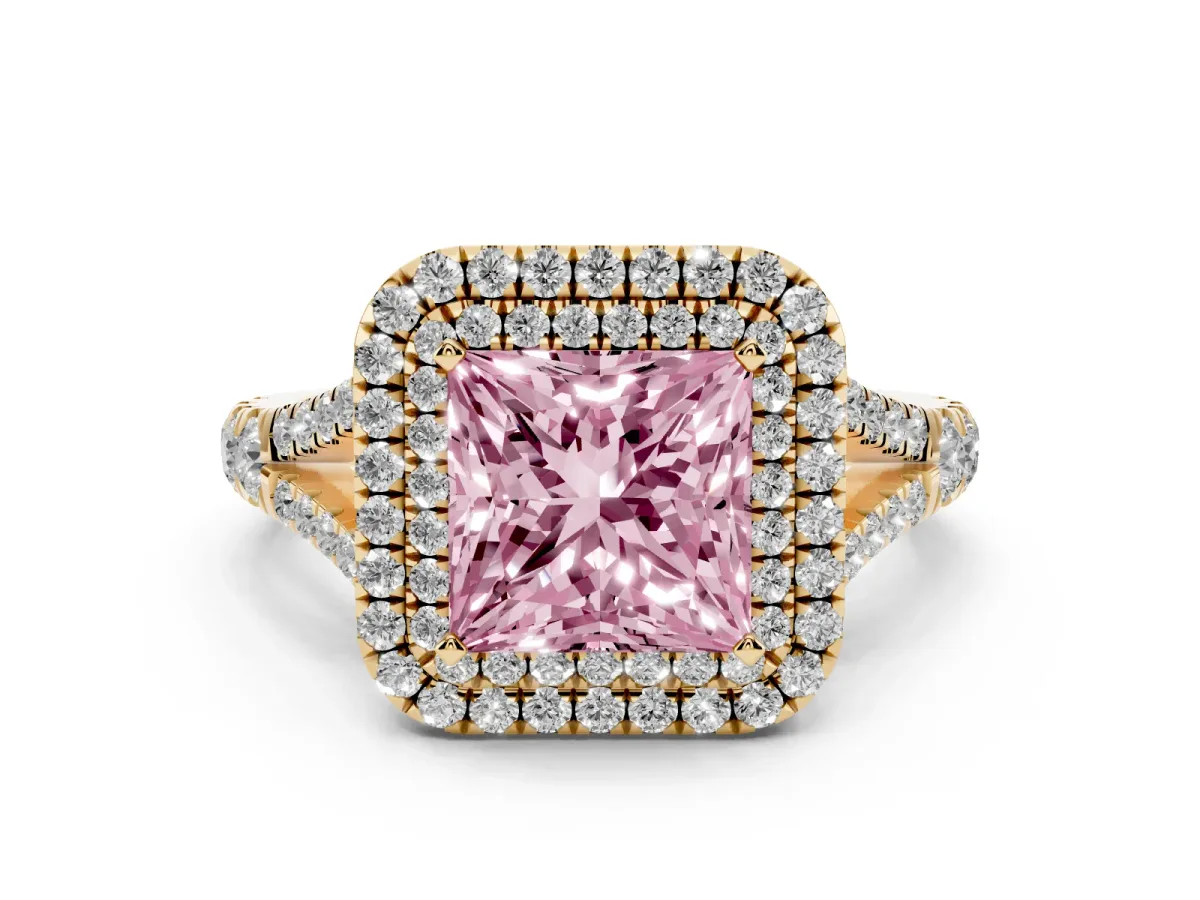 Fancy Pink Princess Cut Diamond Pavé Split Shank Double Halo Engagement Ring Yellow gold