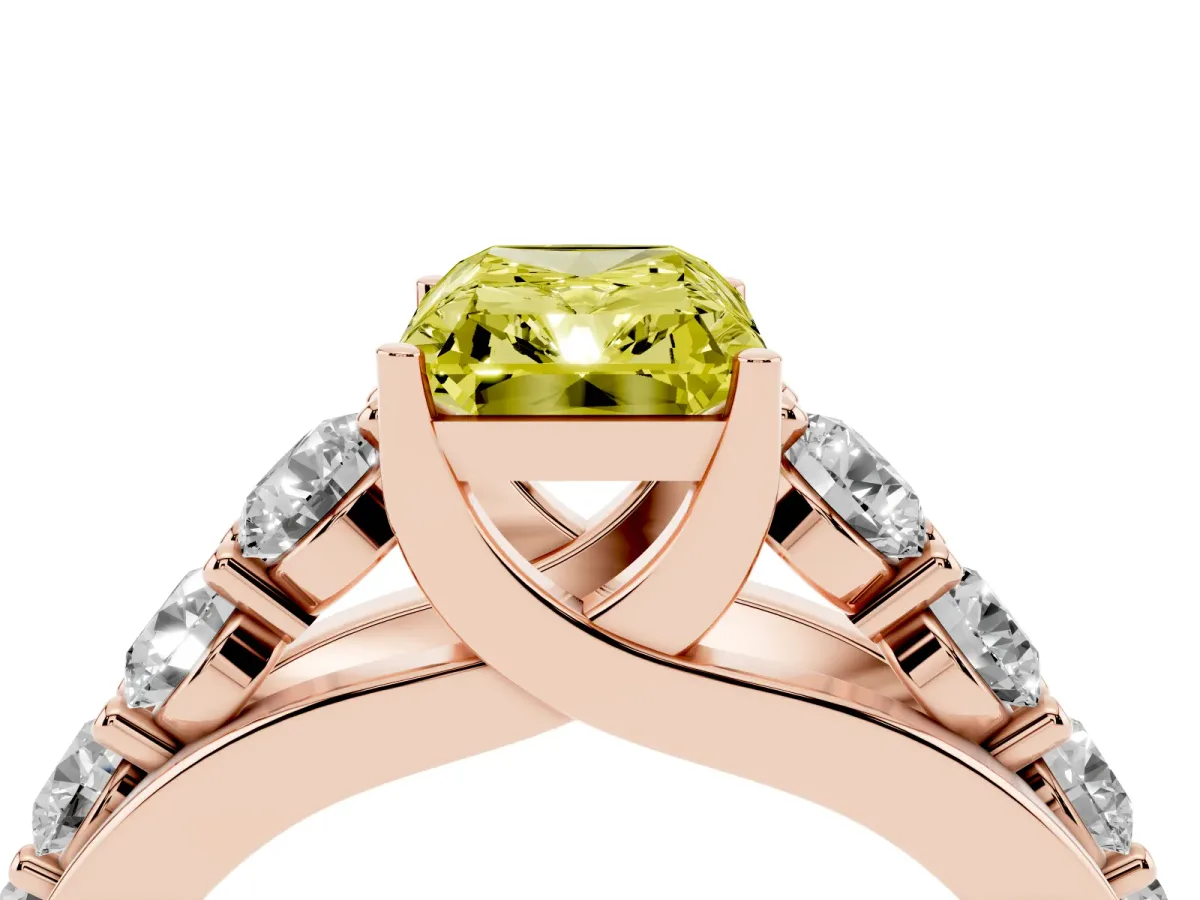 Fancy Yellow Radiant Cut Diamond Engagement Ring with Pavé Band and Four-Prong Setting Rose gold