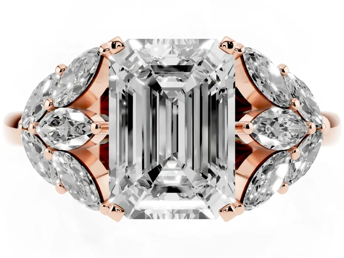 Emerald Cut Diamond Cluster Leaf Design Ring with Prong Setting Rose gold