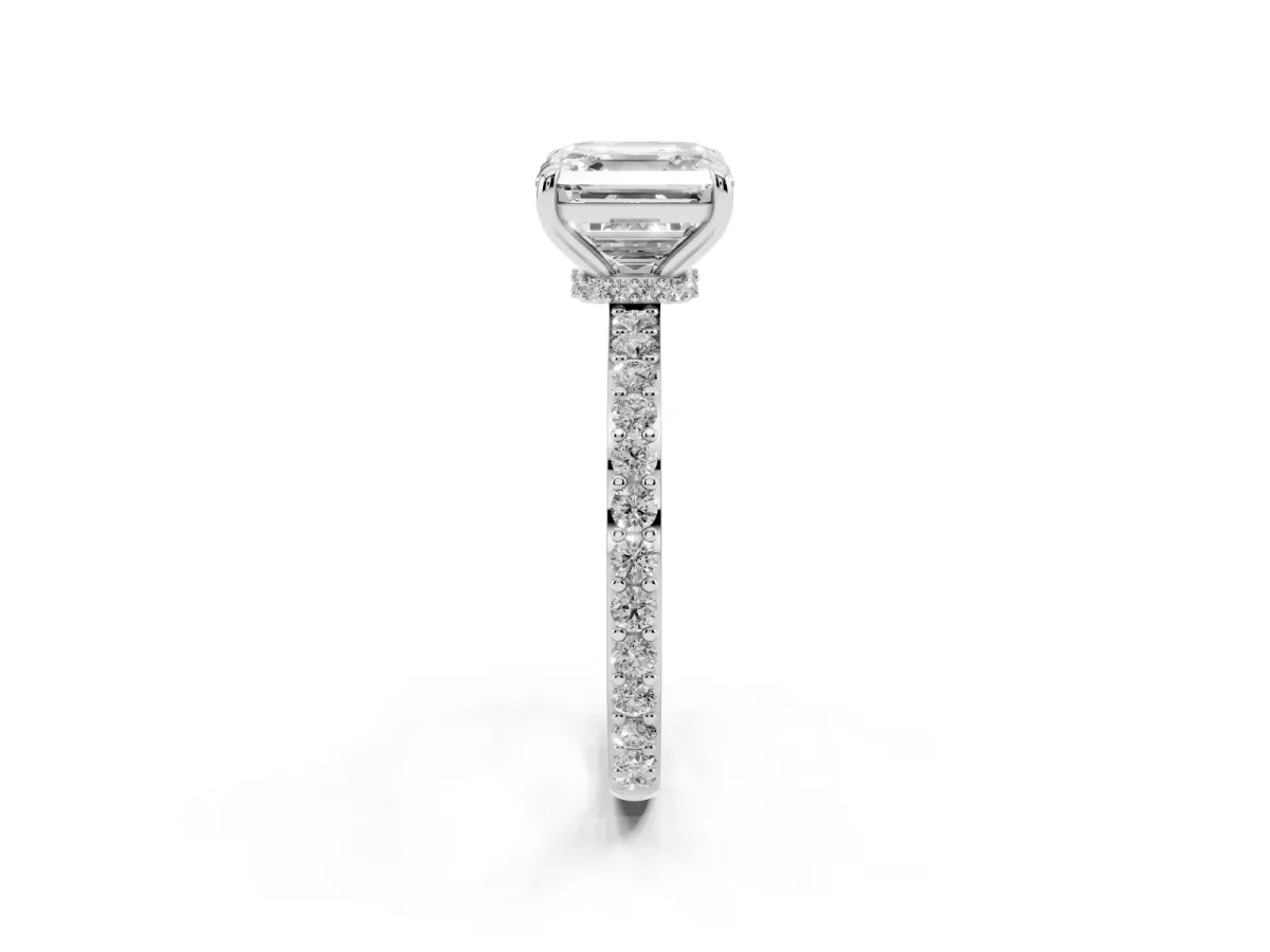 Asscher Cut Diamond Solitaire Engagement Ring with Pavé Band and Four-Prong Setting Platinum