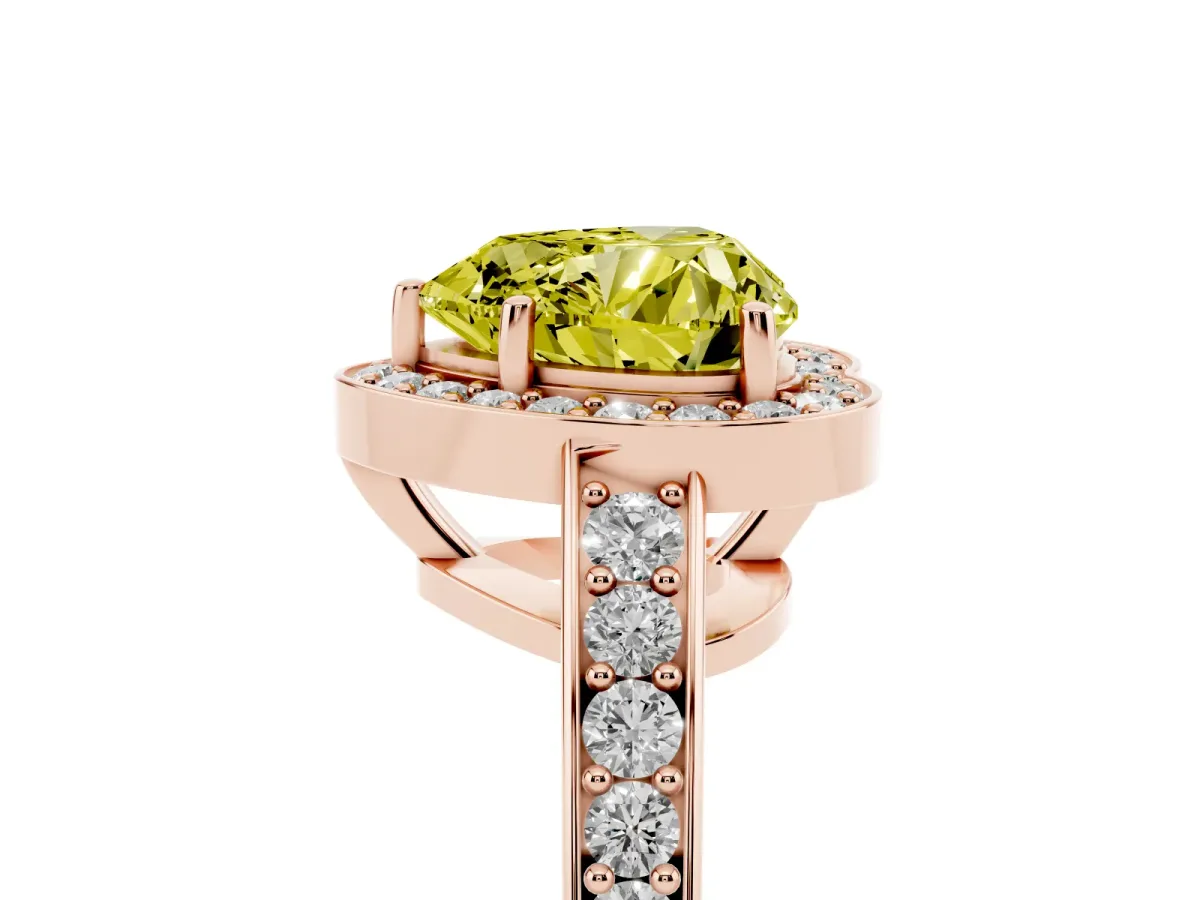 Fancy Yellow Heart Cut Halo Pavé Diamond Engagement Ring with Bezel Setting Rose gold
