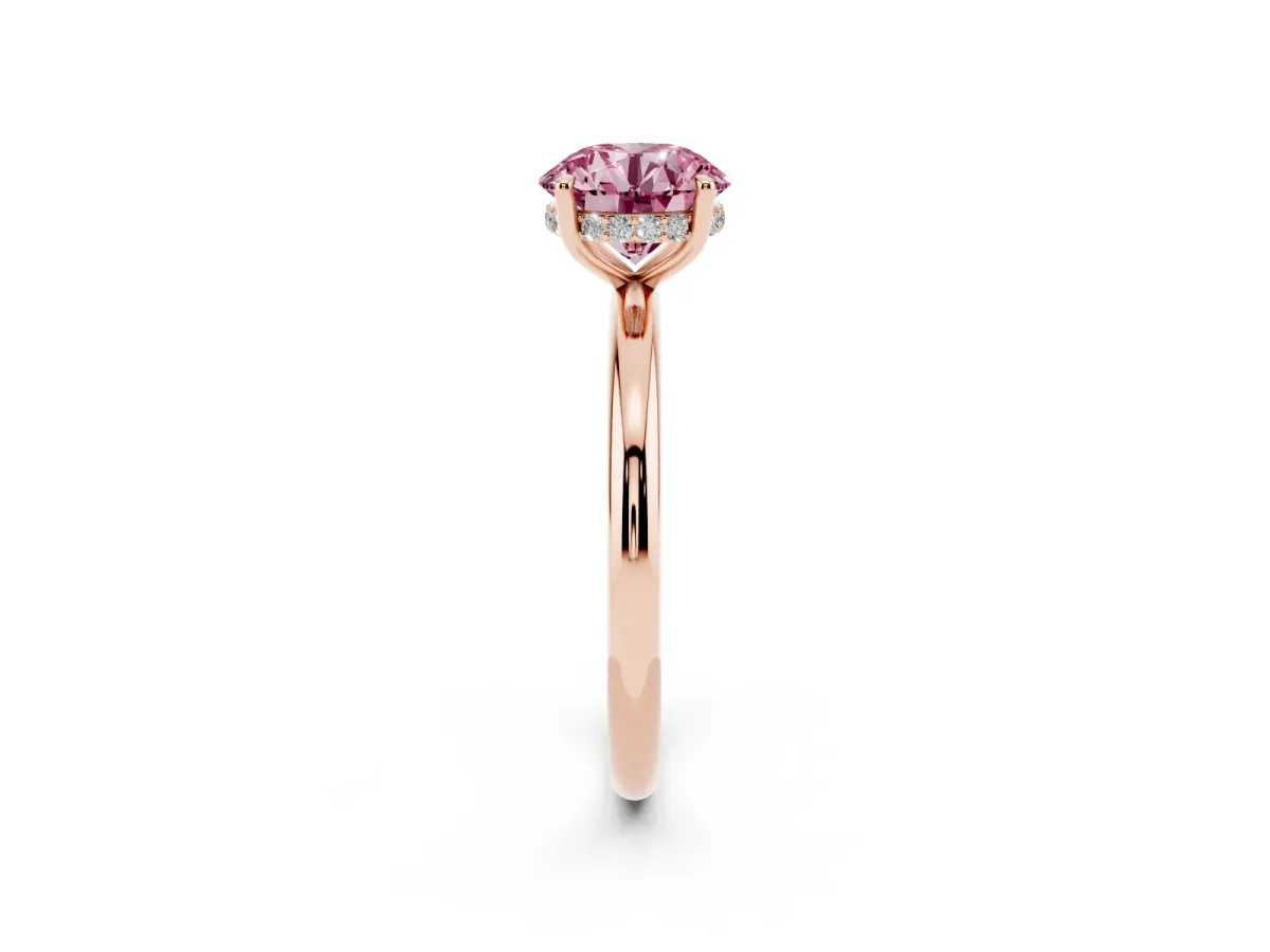Fancy Pink Round Cut Diamond Solitaire Ring with Thin Band and Four-Prong Setting Rose gold