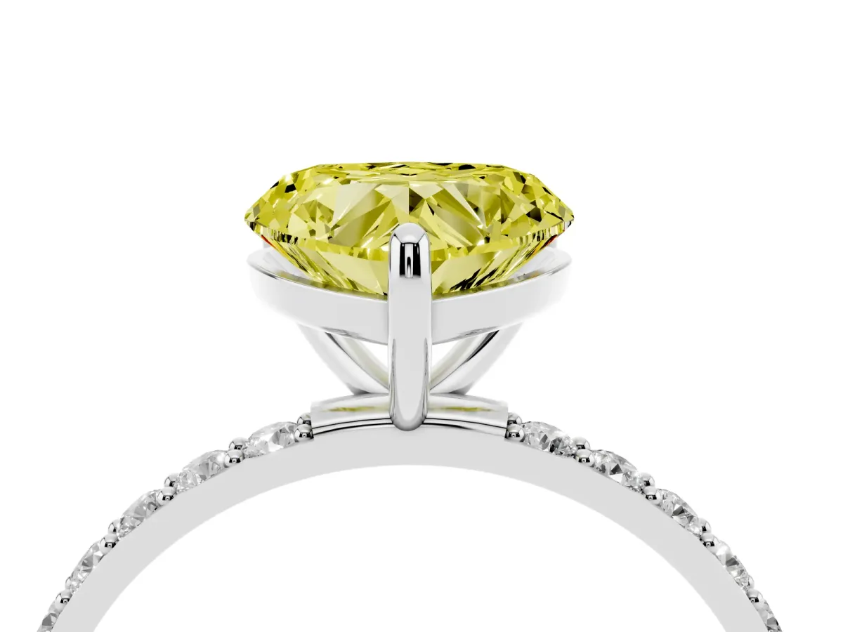 Fancy Yellow Heart Cut Diamond Solitaire Ring with Round Pavé Band and Prong Setting Silver