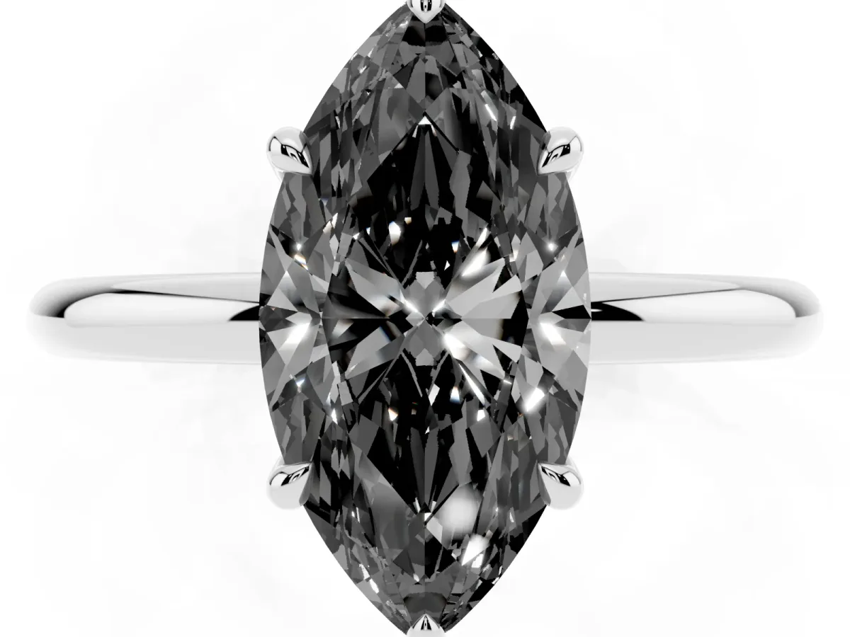Fancy Black Marquise Cut Diamond Solitaire Ring with Thin Band and Four-Prong Setting Silver