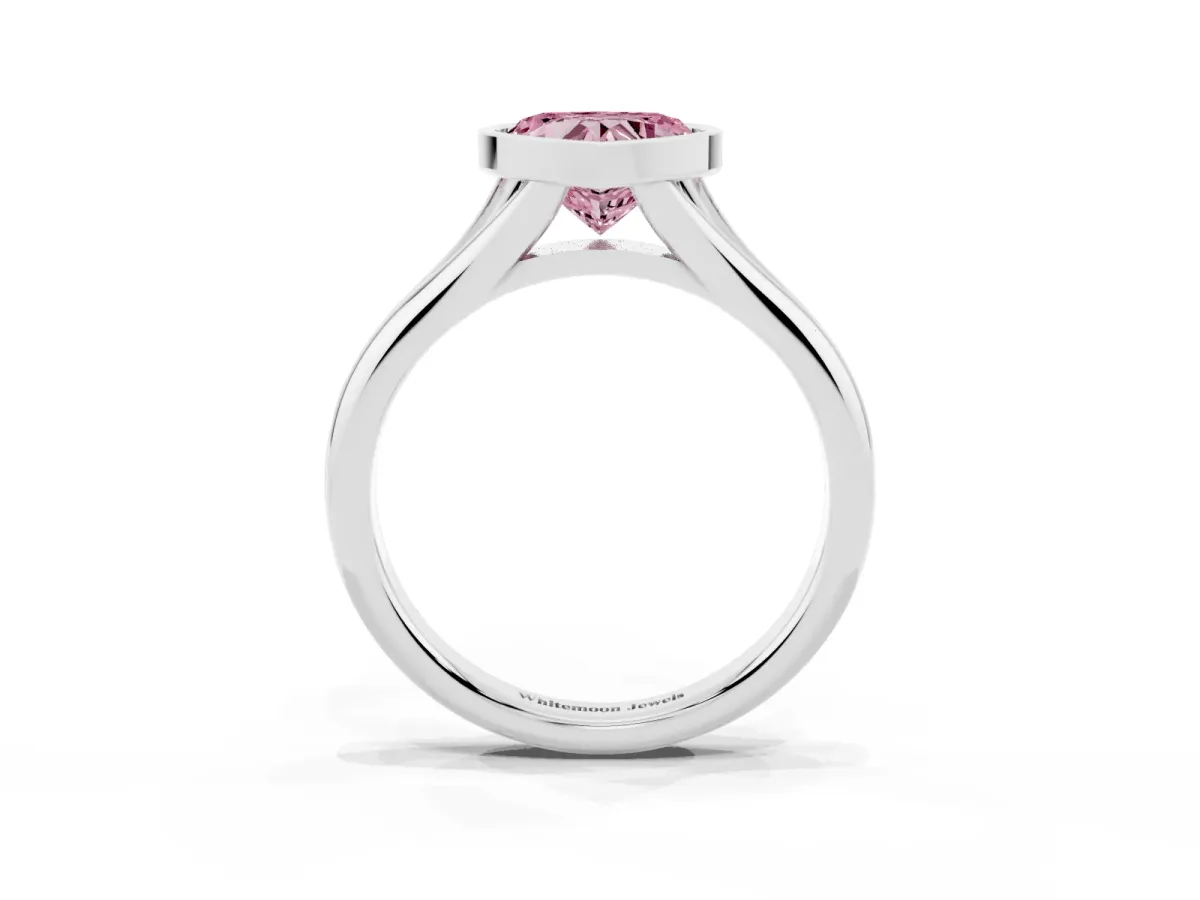 Fancy Pink Bezel Set Heart Cut Solitaire Diamond Ring with Smooth Band Platinum
